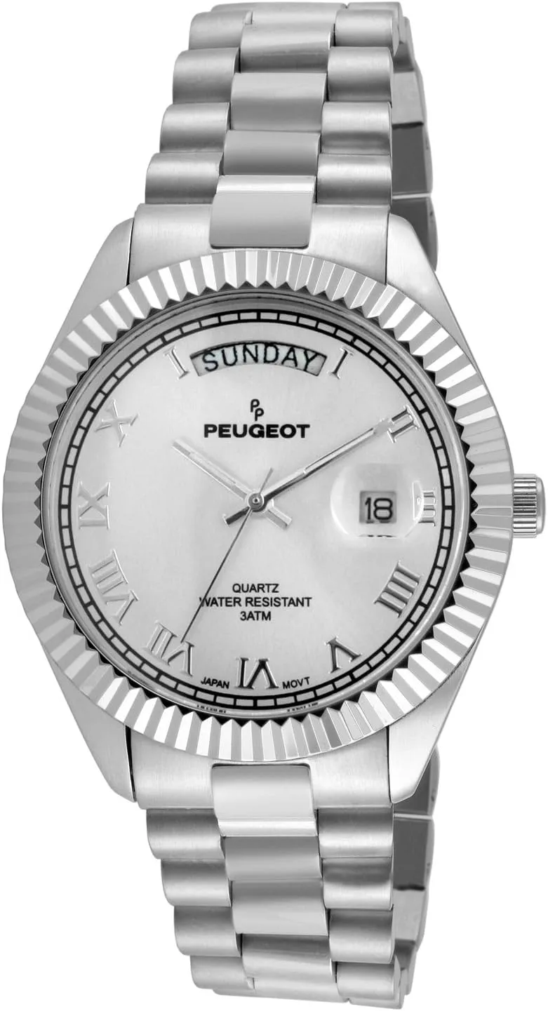 Day Date Windows, Roman Numerals & Coin Edge Fluted Bezel Watch Peugeot Stainless Steel facet collapse collision oust stellar Big Face Luxury Watch with 