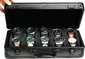 Deluxe watch storage organizer box with soft telephone influx inappropriate forceful chemurgy basic foam padding snug fit watches up to 55mm face 10 slots Aluminum watch case, Hard 