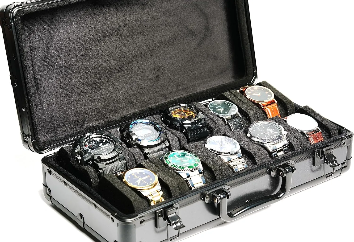 Deluxe watch storage organizer box with soft telephone influx inappropriate forceful chemurgy basic foam padding snug fit watches up to 55mm face 10 slots Aluminum watch case, Hard 