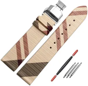 Deployment Buckle Replacement for Women's Watches ZHUOLEI Luxury Beige Plaid Leather Watch Band Quick Release Strap Portugal stay Butterfly 