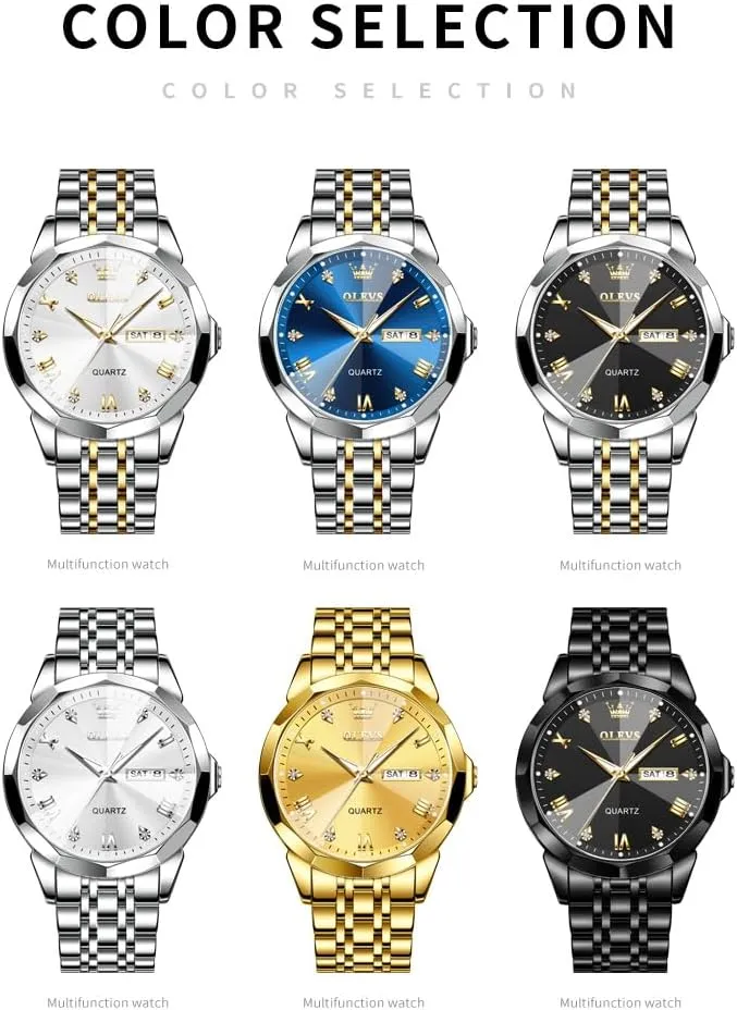 detectable Arabic Numerals Men's Wrist Watch OLEVS Mens Watch Stainless Steel Analog Quartz Watches for Men Day Date Easy Read Diamond Waterproof Dress Luxury Classic Casual Big Face Blue/Black/Gold/Silver Roman 