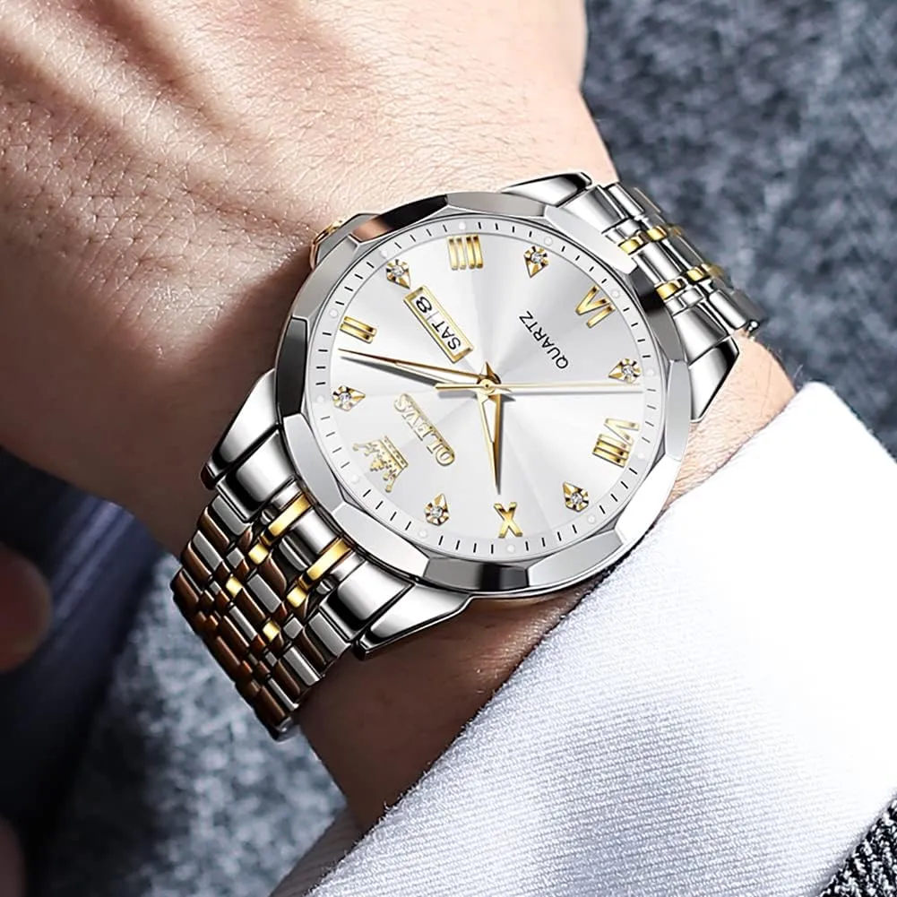 detectable Arabic Numerals Men's Wrist Watch OLEVS Mens Watch Stainless Steel Analog Quartz Watches for Men Day Date Easy Read Diamond Waterproof Dress Luxury Classic Casual Big Face Blue/Black/Gold/Silver Roman 