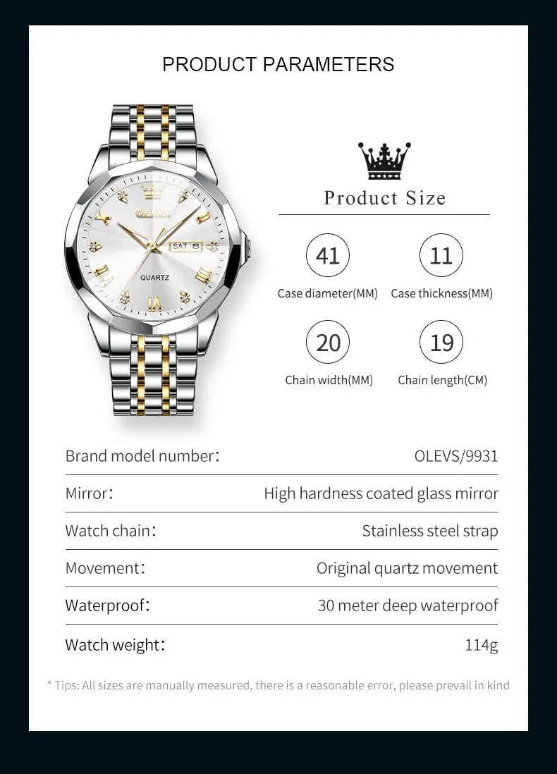 detectable Arabic Numerals Men's Wrist Watch OLEVS Mens Watch Stainless Steel Analog Quartz Watches for Men Day Date Easy Read Diamond Waterproof Dress Luxury Classic Casual Big Face Blue/Black/Gold/Silver Roman 