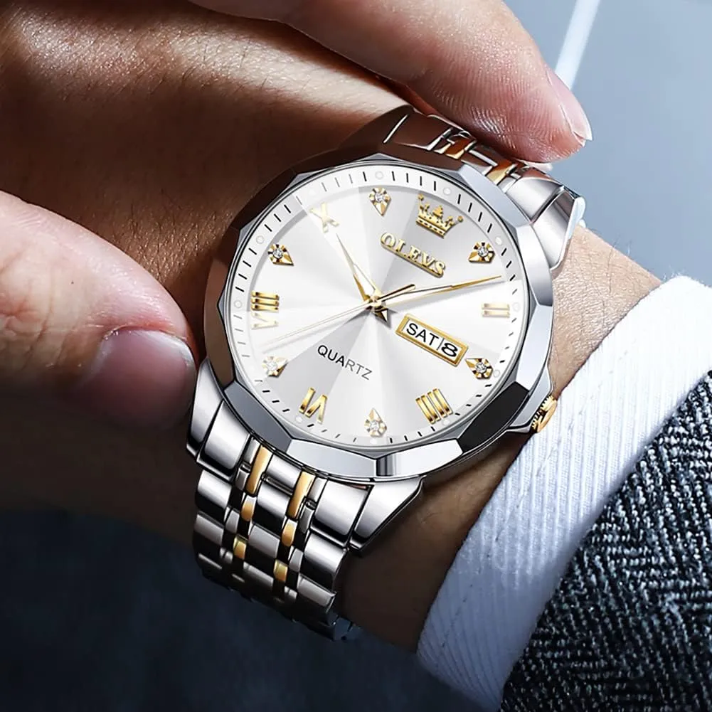 detectable Arabic Numerals Men's Wrist Watch OLEVS Mens Watch Stainless Steel Analog Quartz Watches for Men Day Date Easy Read Diamond Waterproof Dress Luxury Classic Casual Big Face Blue/Black/Gold/Silver Roman 