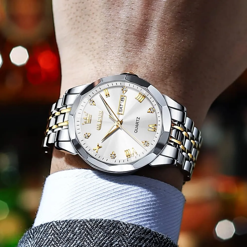 detectable Arabic Numerals Men's Wrist Watch OLEVS Mens Watch Stainless Steel Analog Quartz Watches for Men Day Date Easy Read Diamond Waterproof Dress Luxury Classic Casual Big Face Blue/Black/Gold/Silver Roman 