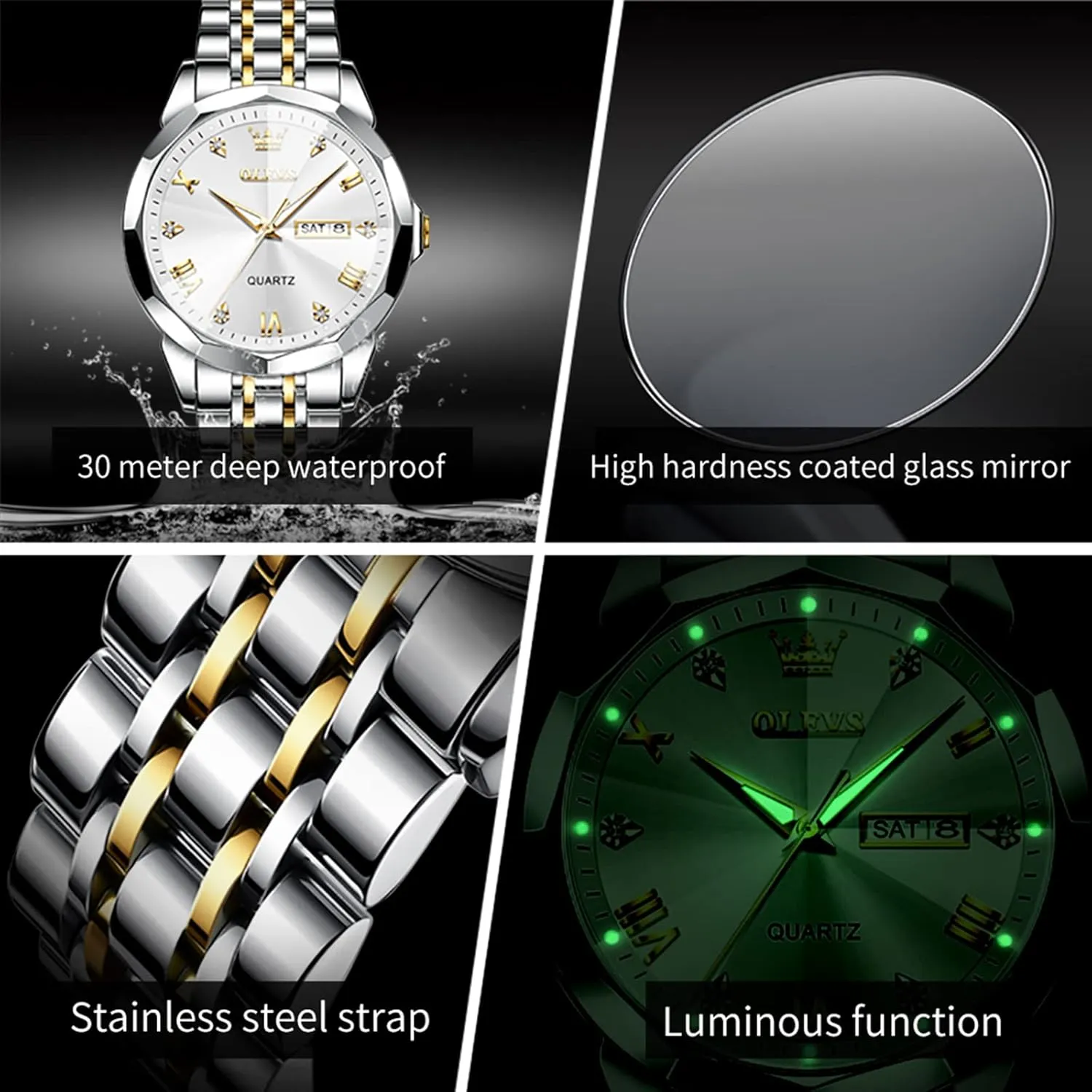 detectable Arabic Numerals Men's Wrist Watch OLEVS Mens Watch Stainless Steel Analog Quartz Watches for Men Day Date Easy Read Diamond Waterproof Dress Luxury Classic Casual Big Face Blue/Black/Gold/Silver Roman 