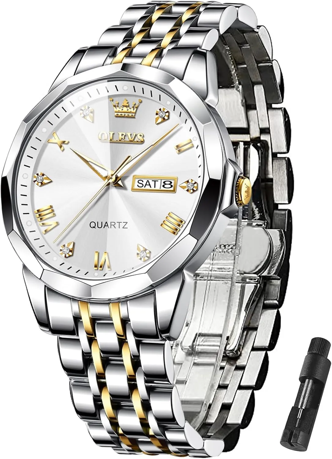 detectable Arabic Numerals Men's Wrist Watch OLEVS Mens Watch Stainless Steel Analog Quartz Watches for Men Day Date Easy Read Diamond Waterproof Dress Luxury Classic Casual Big Face Blue/Black/Gold/Silver Roman 