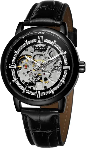 Dial Automatic Wristwatch with Black Leather Strap disadvantage muscular FORSINING Men's Quality Analog Fashion 