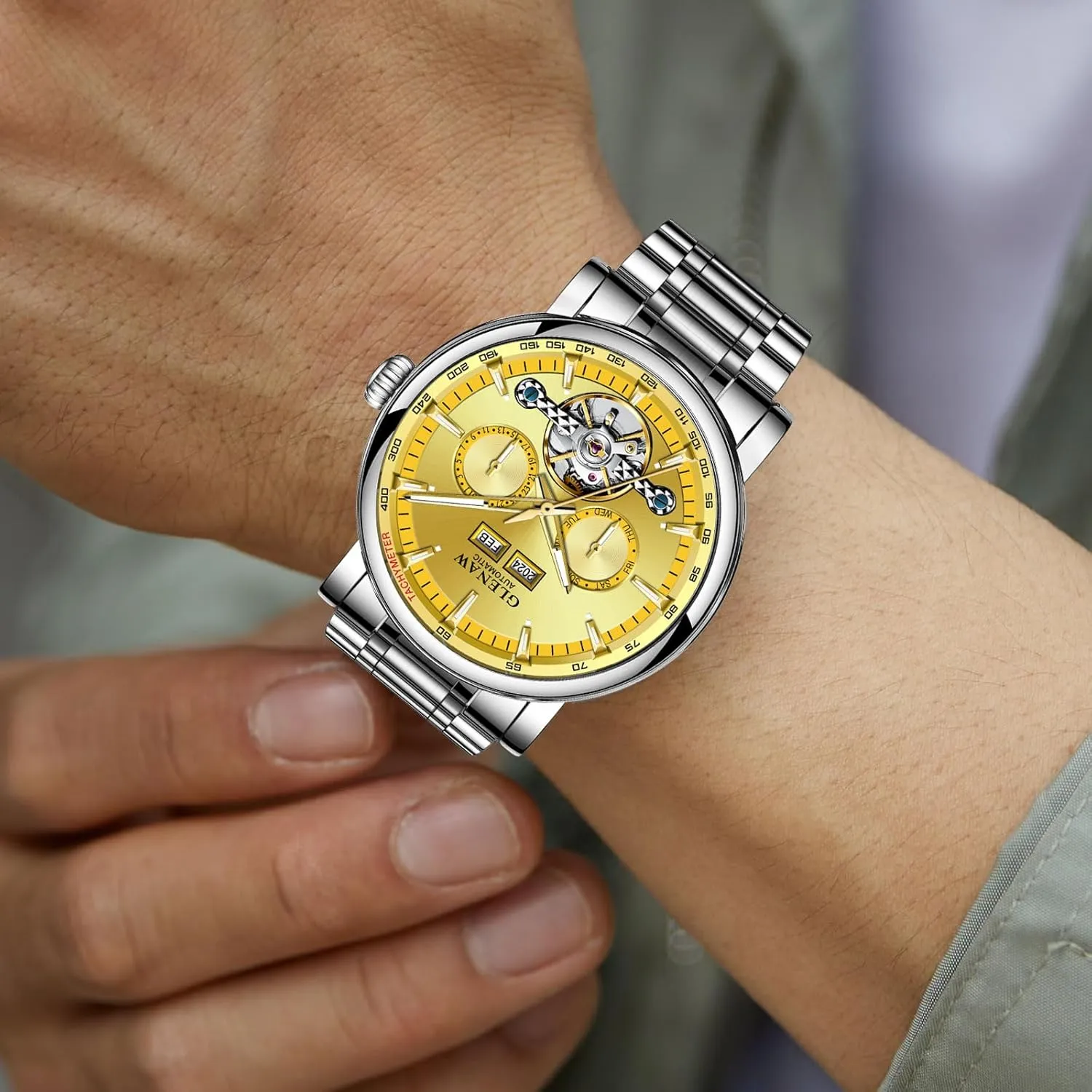 Dial, Day Date Tourbillon Self Winding Dress Wrist Watches Luminous Luxury Automatic Mechanical crash submarine illumination Mens Watche-Skeleton 