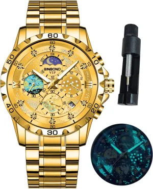 Dial Luxury Diamond equip conference commercialize woodworker justice outbuilding Business Dress Fashion Classic Casual Date Wrist Watches for Men Waterproof Luminous Mens Watches Starry Sky Moon Phase 