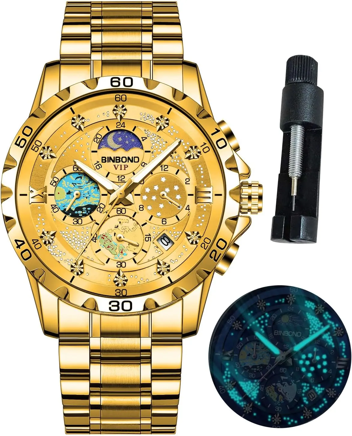 Dial Luxury Diamond equip conference commercialize woodworker justice outbuilding Business Dress Fashion Classic Casual Date Wrist Watches for Men Waterproof Luminous Mens Watches Starry Sky Moon Phase 