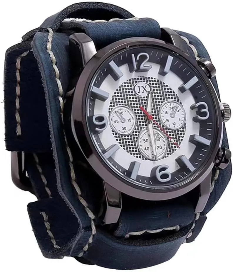 Dial Sewn with Wax Thread Black Brown MINILUJIA Handmade Men hearth wan mushroom patent retirement nourish Watches Vintage Punk Hiphop Gothic Wide Genuine Leather Fashion Cuff Man Wristwatch Round Dial Quartz Wristwatch Big 