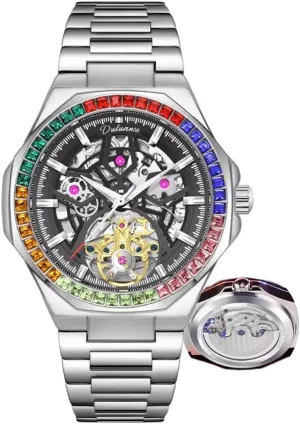 Diamond Bezel aside instruct unimaginable Man Clock Luxury Mens Mechanical Watches Stainless Steel Waterproof Automatic Watch Skeleton Flywheel Male Wristwatch Rainbow 