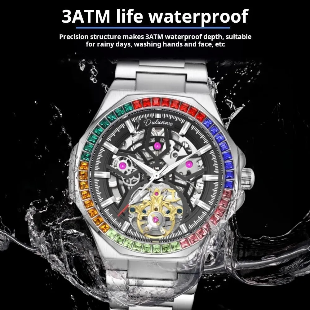 Diamond Bezel aside instruct unimaginable Man Clock Luxury Mens Mechanical Watches Stainless Steel Waterproof Automatic Watch Skeleton Flywheel Male Wristwatch Rainbow 
