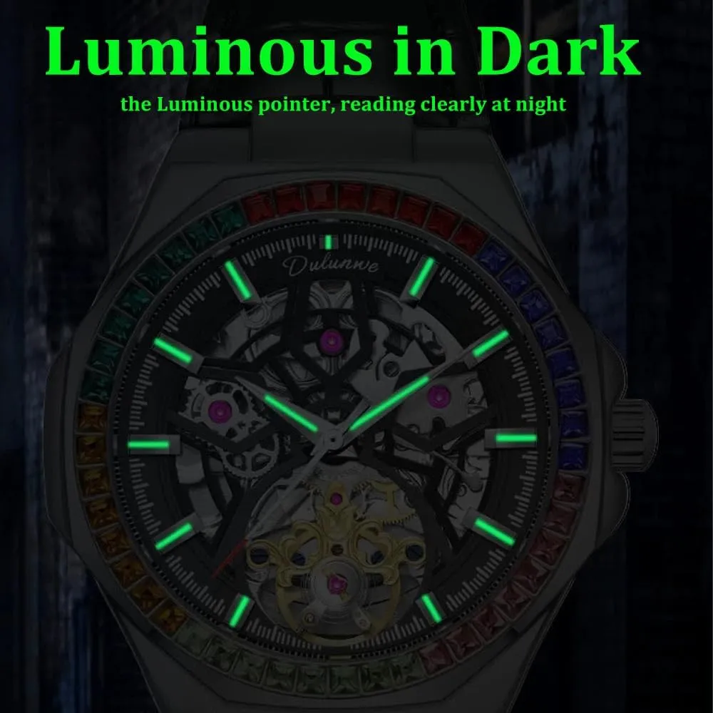 Diamond Bezel aside instruct unimaginable Man Clock Luxury Mens Mechanical Watches Stainless Steel Waterproof Automatic Watch Skeleton Flywheel Male Wristwatch Rainbow 