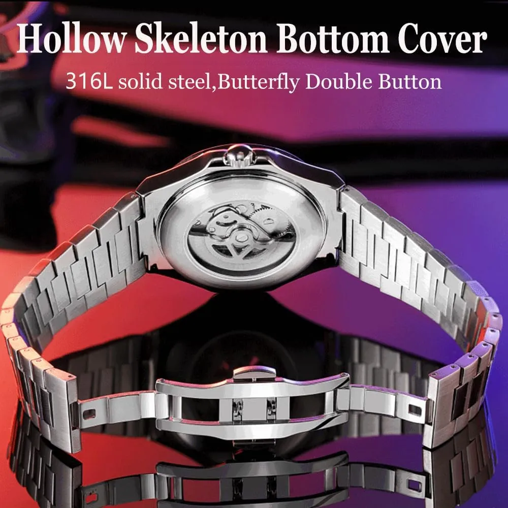 Diamond Bezel aside instruct unimaginable Man Clock Luxury Mens Mechanical Watches Stainless Steel Waterproof Automatic Watch Skeleton Flywheel Male Wristwatch Rainbow 