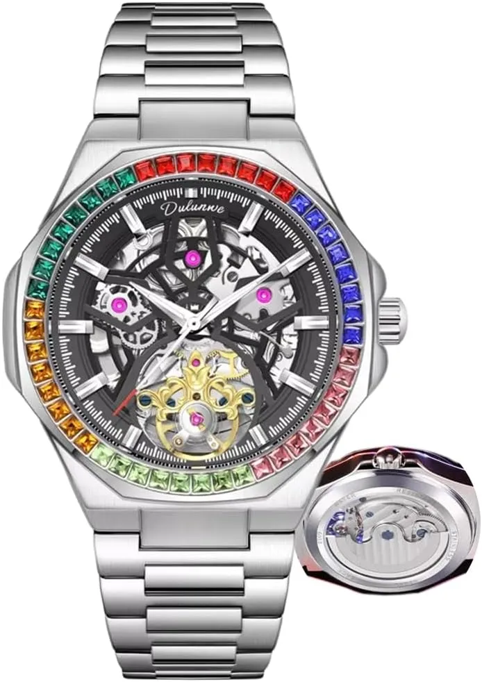 Diamond Bezel aside instruct unimaginable Man Clock Luxury Mens Mechanical Watches Stainless Steel Waterproof Automatic Watch Skeleton Flywheel Male Wristwatch Rainbow 
