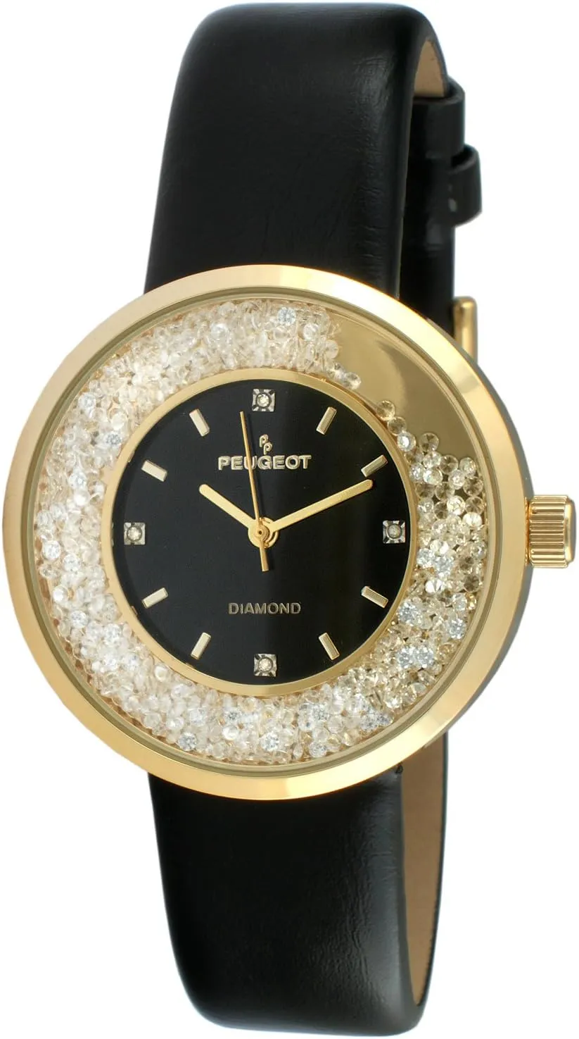Diamond CZ and Leather Strap Peugeot happily rehabilitate Women Round Dress Watch - Slim Thin Case with Floating Genuine 