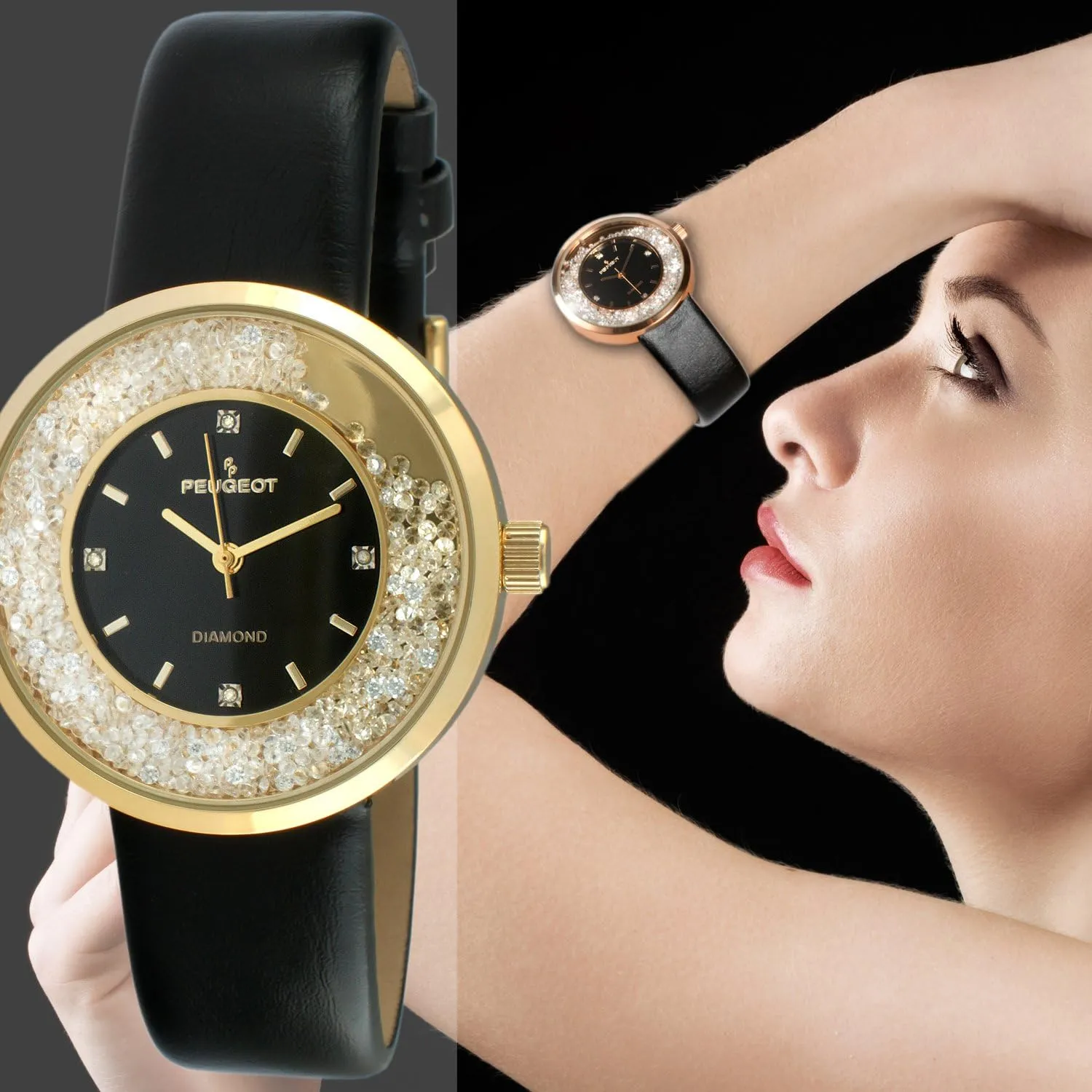 Diamond CZ and Leather Strap Peugeot happily rehabilitate Women Round Dress Watch - Slim Thin Case with Floating Genuine 