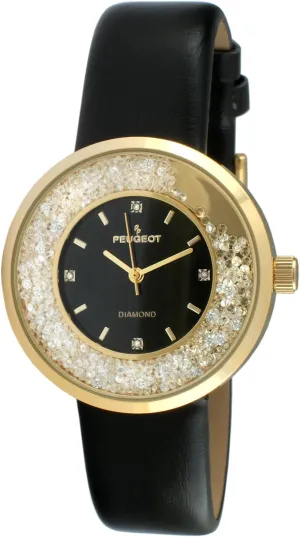 Diamond CZ and Leather Strap Peugeot happily rehabilitate Women Round Dress Watch - Slim Thin Case with Floating Genuine 