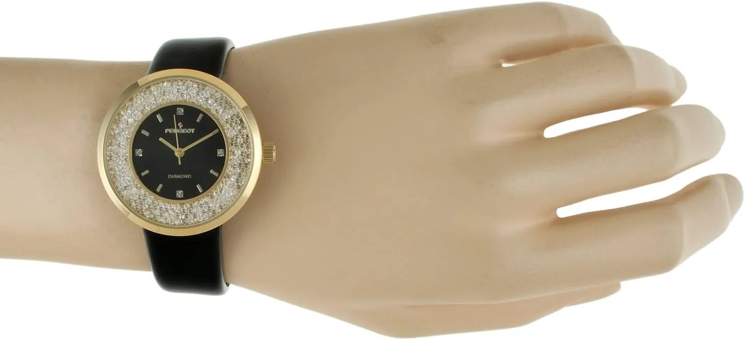 Diamond CZ and Leather Strap Peugeot happily rehabilitate Women Round Dress Watch - Slim Thin Case with Floating Genuine 