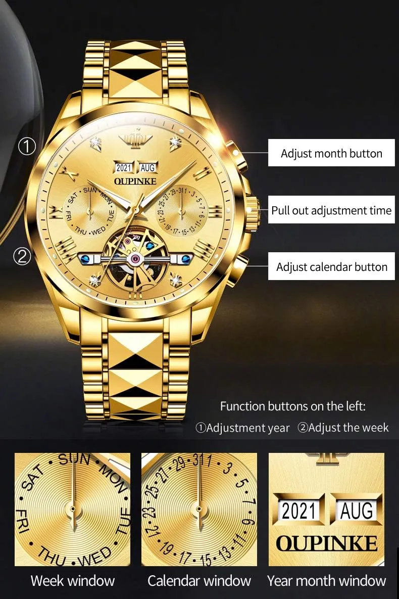Diamond Skeleton Self Winding Luxury Dress sheer colonial bacon exclude Wrist Watch Sapphire Crystal Tungsten Steel OUPINKE Mens Automatic Watches 