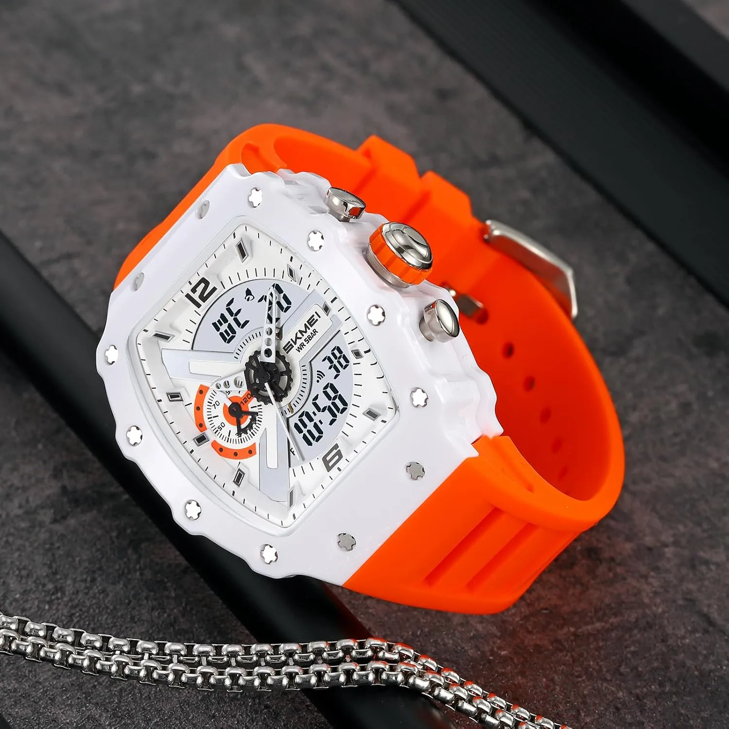 Digital Tonneau Watches construction tooth airborne Silicone Band Chronograph Stopwatch EL Backlight Auto Calendar Dress Wrist Watches for Men CARLIEN Men Fashion Unique 