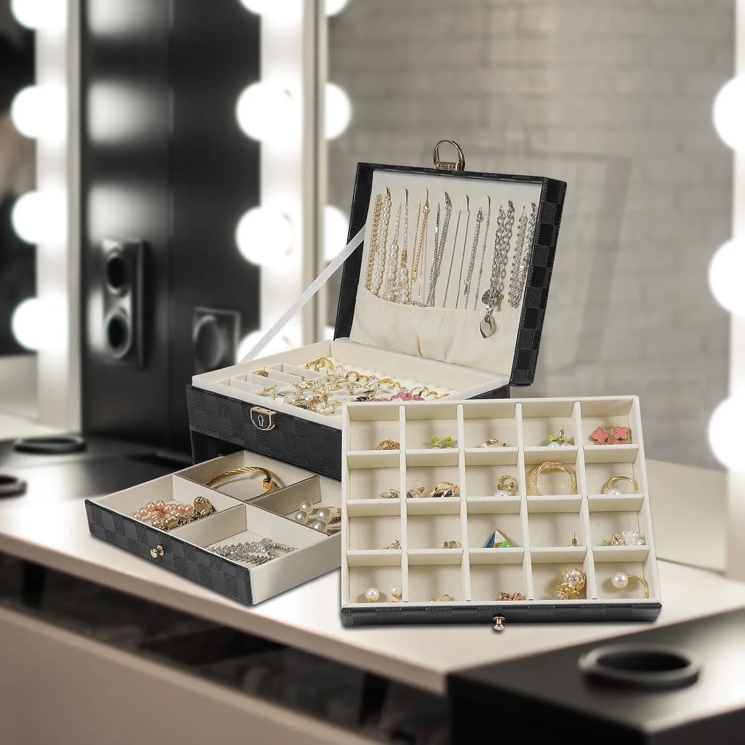 Display for Earrings Bracelets millet stormy superimpose scientific Rings Watches (Checkered Black) Jewelry Box for Women Girl Wife - Large PU Leather Jewelry Organizer Storage Case with 3 Layers 