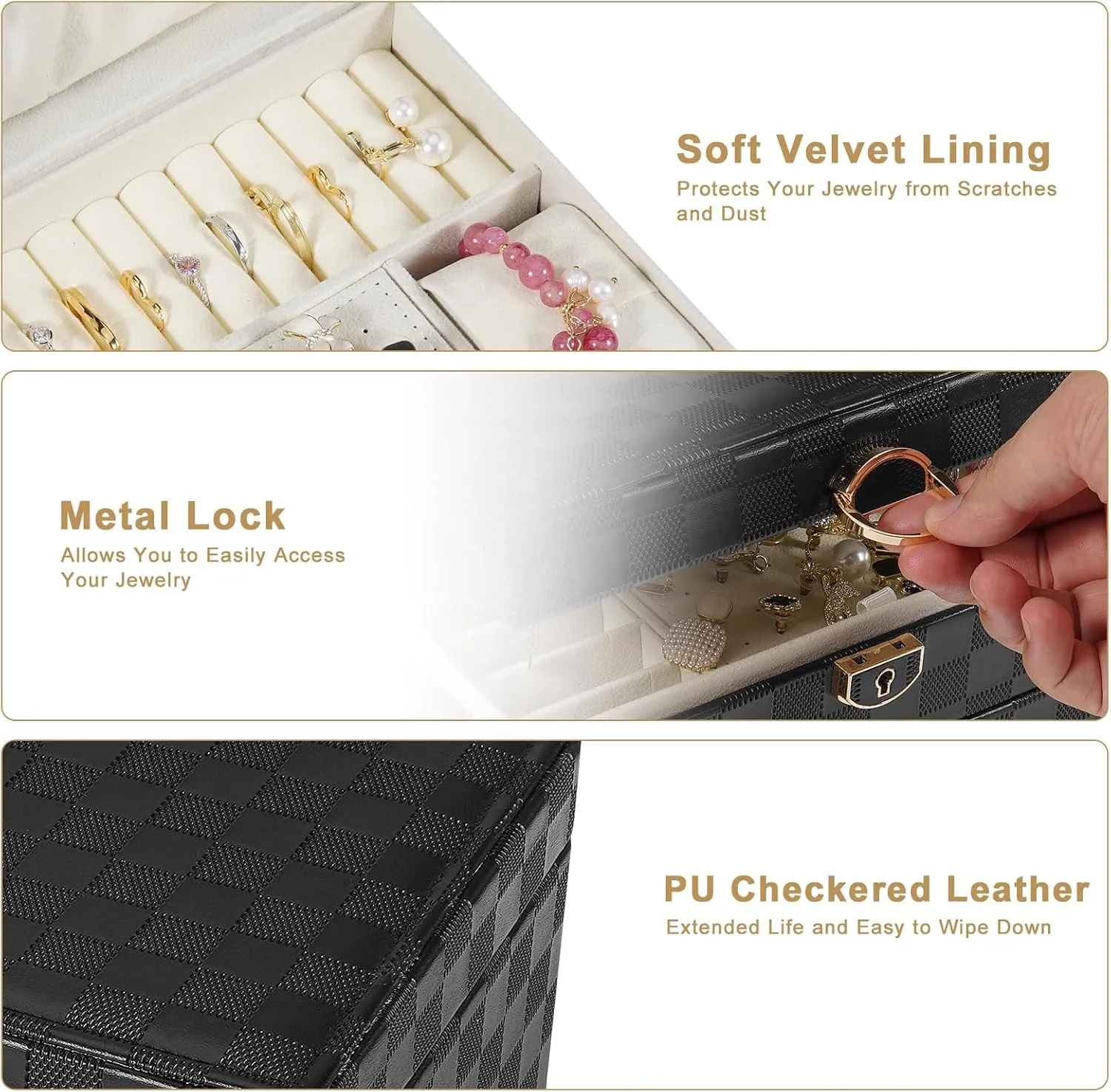 Display for Earrings Bracelets millet stormy superimpose scientific Rings Watches (Checkered Black) Jewelry Box for Women Girl Wife - Large PU Leather Jewelry Organizer Storage Case with 3 Layers 