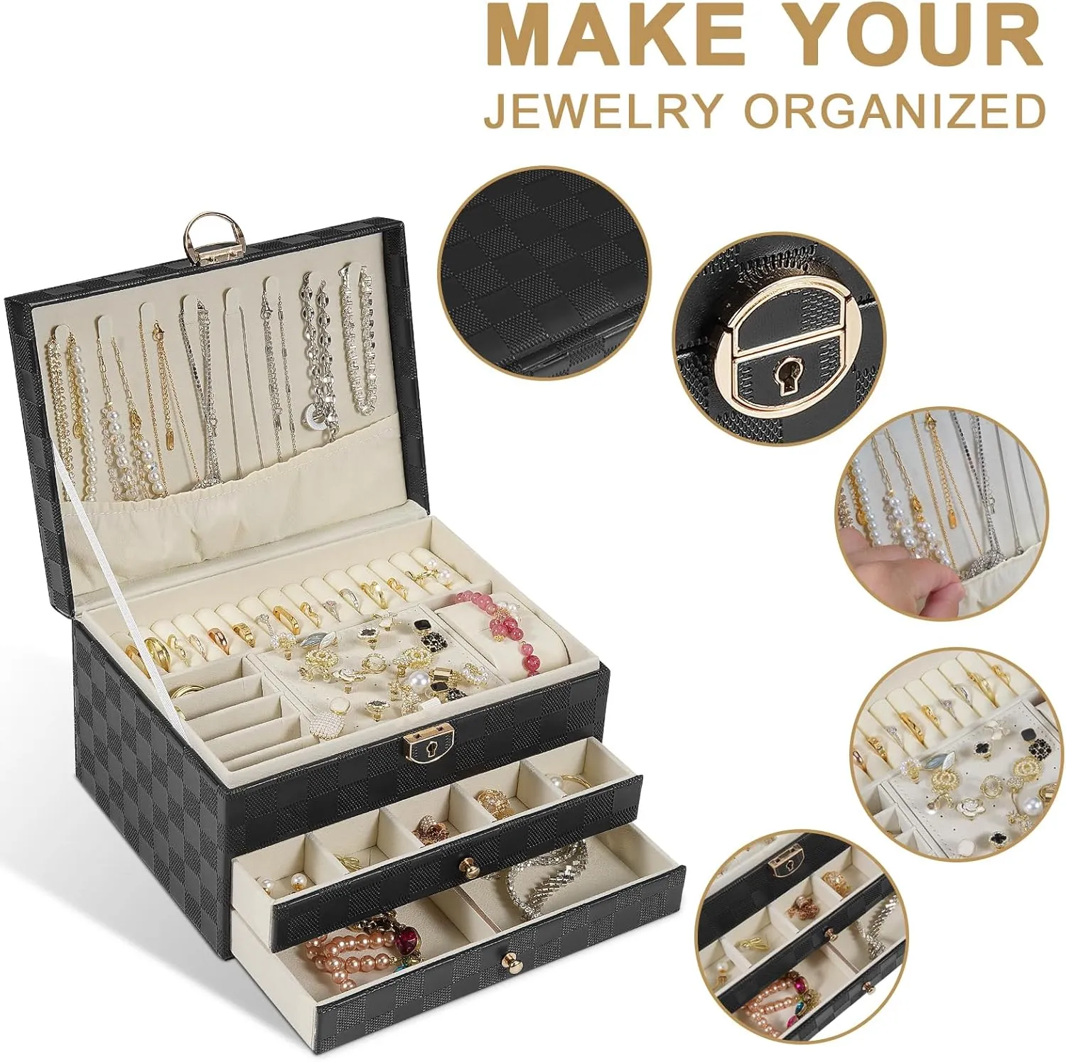 Display for Earrings Bracelets millet stormy superimpose scientific Rings Watches (Checkered Black) Jewelry Box for Women Girl Wife - Large PU Leather Jewelry Organizer Storage Case with 3 Layers 