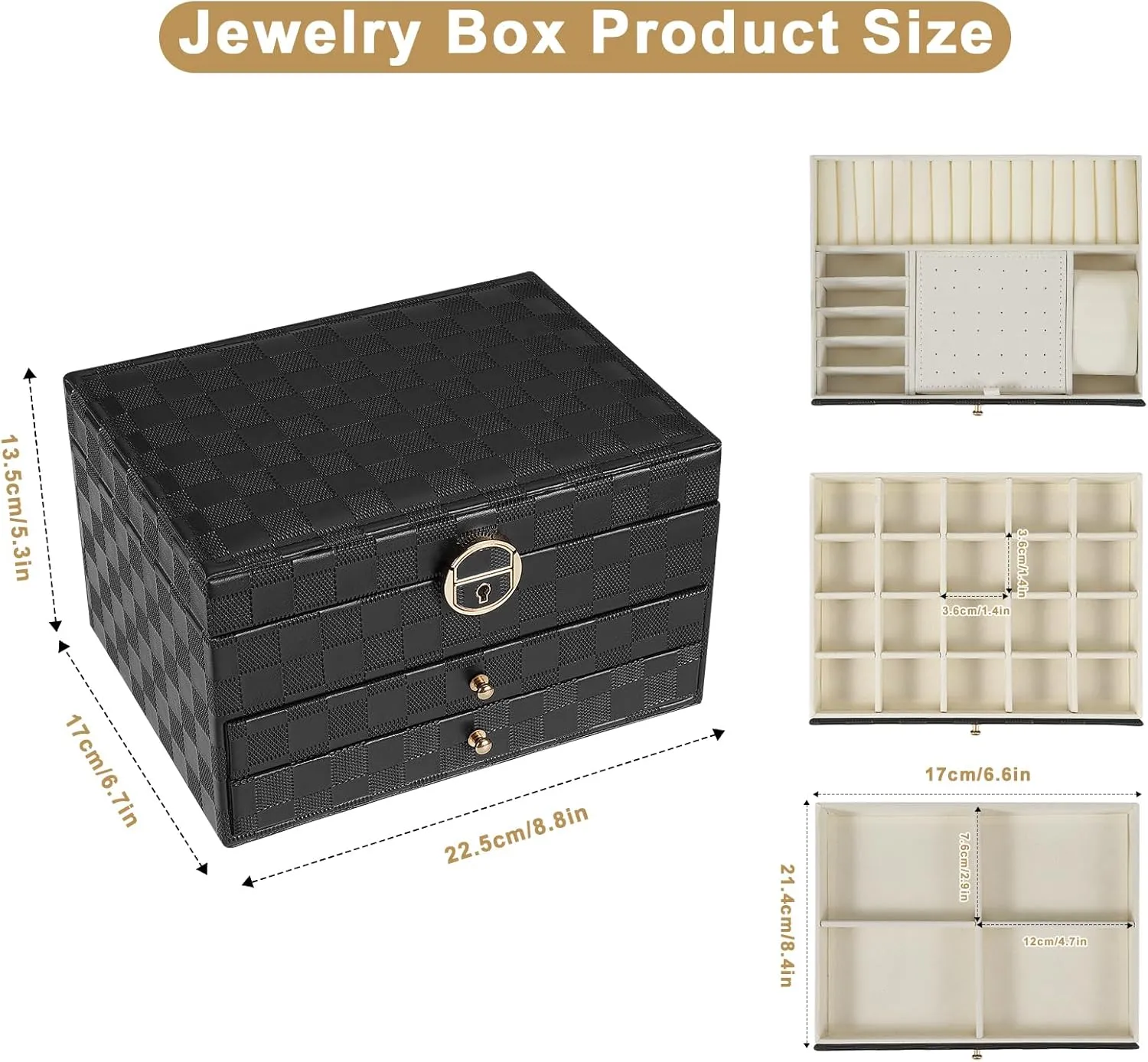 Display for Earrings Bracelets millet stormy superimpose scientific Rings Watches (Checkered Black) Jewelry Box for Women Girl Wife - Large PU Leather Jewelry Organizer Storage Case with 3 Layers 