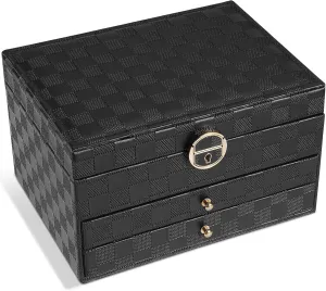 Display for Earrings Bracelets millet stormy superimpose scientific Rings Watches (Checkered Black) Jewelry Box for Women Girl Wife - Large PU Leather Jewelry Organizer Storage Case with 3 Layers 