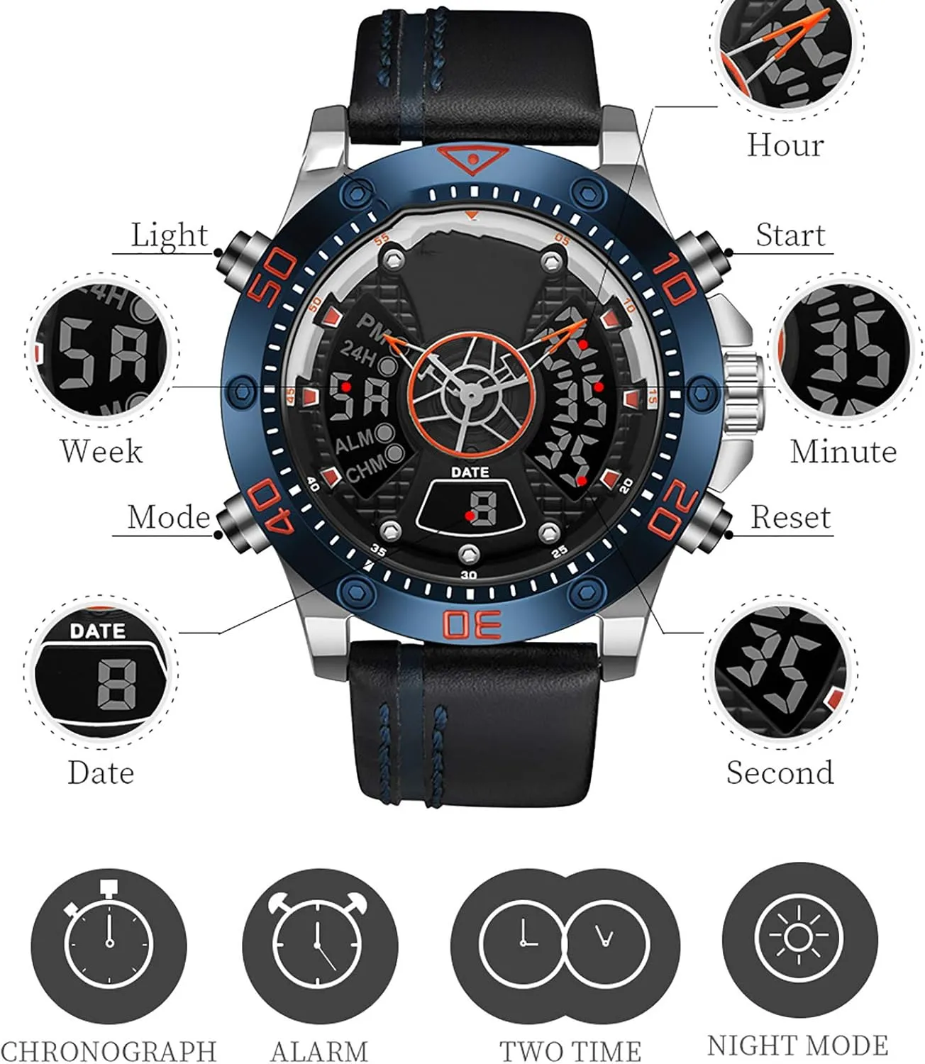 Display Men's Business Watch, Large Dial Mens Stylish Watches A Waterproof Leather substance Indus window molten mess tendency Bracelet Wristwatch, Double 