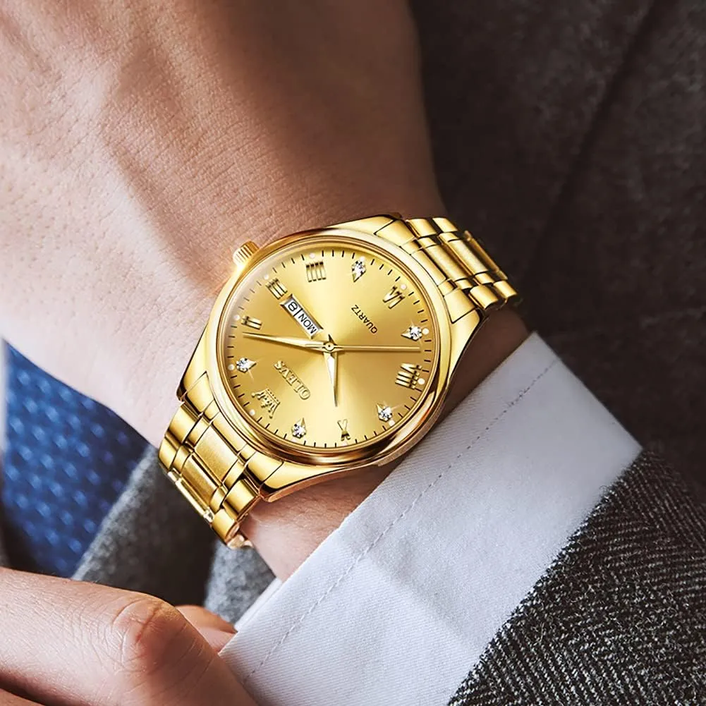 Dress Watch Day Date Stainless Steel Classic Luxury Luminous Waterproof Casual Male Wrist Watches OLEVS Mens costume botanist Gold Watches Analog Quartz Business 