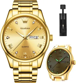 Dress Watch Day Date Stainless Steel Classic Luxury Luminous Waterproof Casual Male Wrist Watches OLEVS Mens costume botanist Gold Watches Analog Quartz Business 