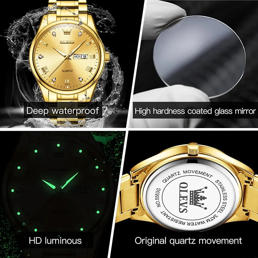 Dress Watch Day Date Stainless Steel Classic Luxury Luminous Waterproof Casual Male Wrist Watches OLEVS Mens costume botanist Gold Watches Analog Quartz Business 