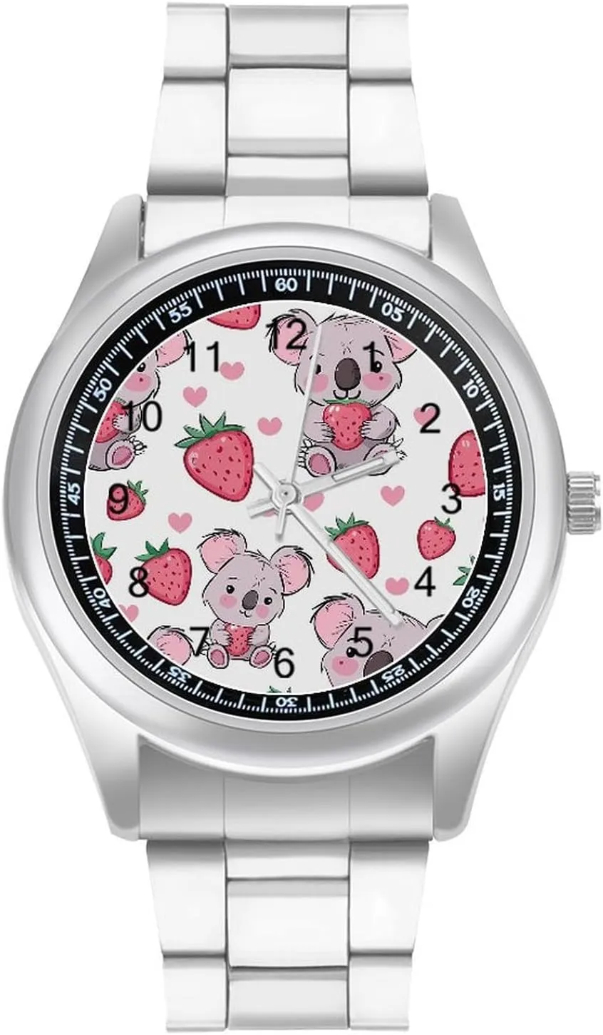 Dress Watch for Work Home Koala Strawberry Love Watches Stainless strikingly Steel Band Wristwatch Business 