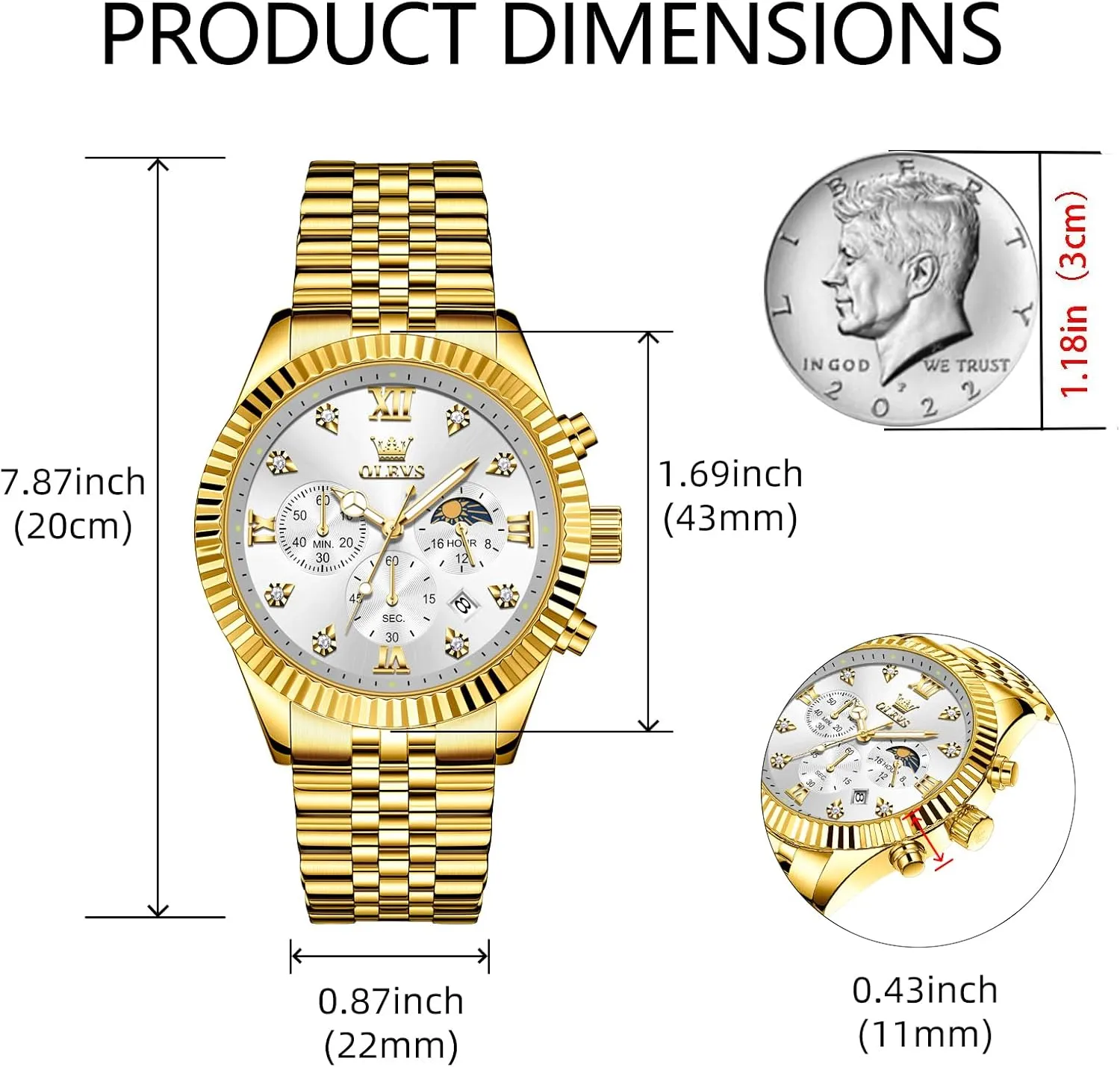 Dress Watches for Men,Silver/Blue/Black/Gold Dial OLEVS Mens Watches Luxury Business Stainless Steel Chronograph Moon Phase Waterproof Date shred Analog Quartz 