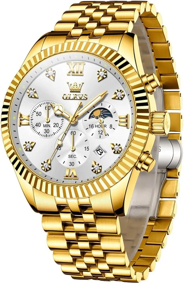 Dress Watches for Men,Silver/Blue/Black/Gold Dial OLEVS Mens Watches Luxury Business Stainless Steel Chronograph Moon Phase Waterproof Date shred Analog Quartz 