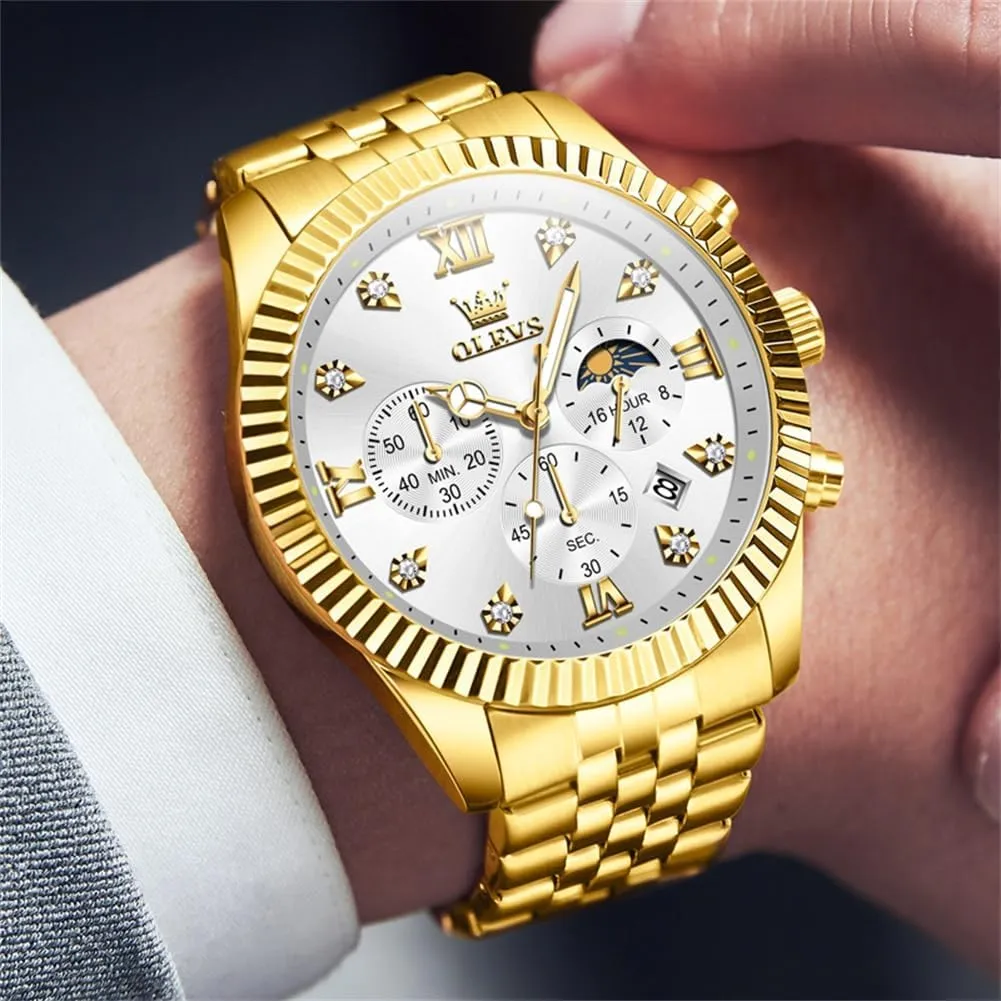 Dress Watches for Men,Silver/Blue/Black/Gold Dial OLEVS Mens Watches Luxury Business Stainless Steel Chronograph Moon Phase Waterproof Date shred Analog Quartz 