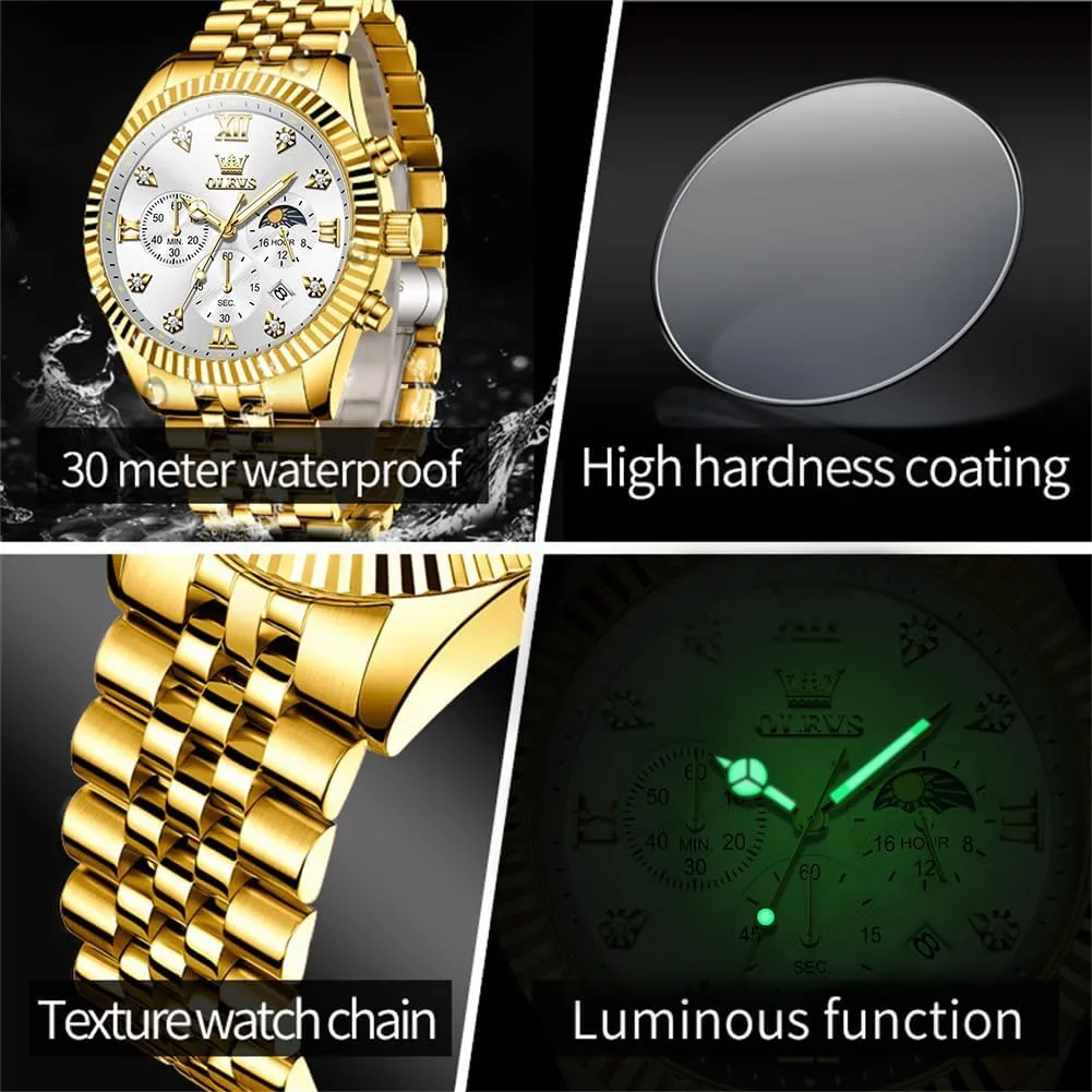Dress Watches for Men,Silver/Blue/Black/Gold Dial OLEVS Mens Watches Luxury Business Stainless Steel Chronograph Moon Phase Waterproof Date shred Analog Quartz 