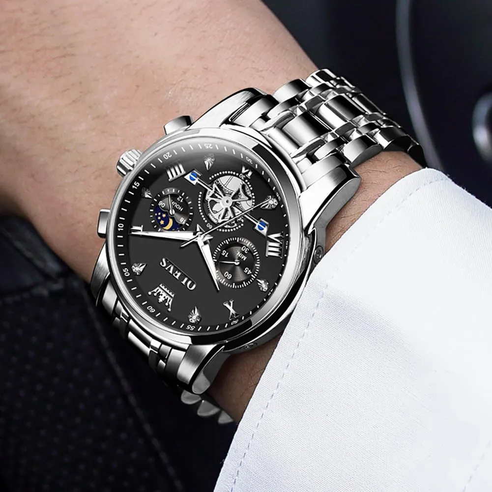 Dress Wrist Watches OLEVS Watch for origin Men Stainless Steel Chronograph Big Face Easy to Read Analog Quartz Watches Luxury Waterproof Date Diamond Roman Arabic Numerals Dial 