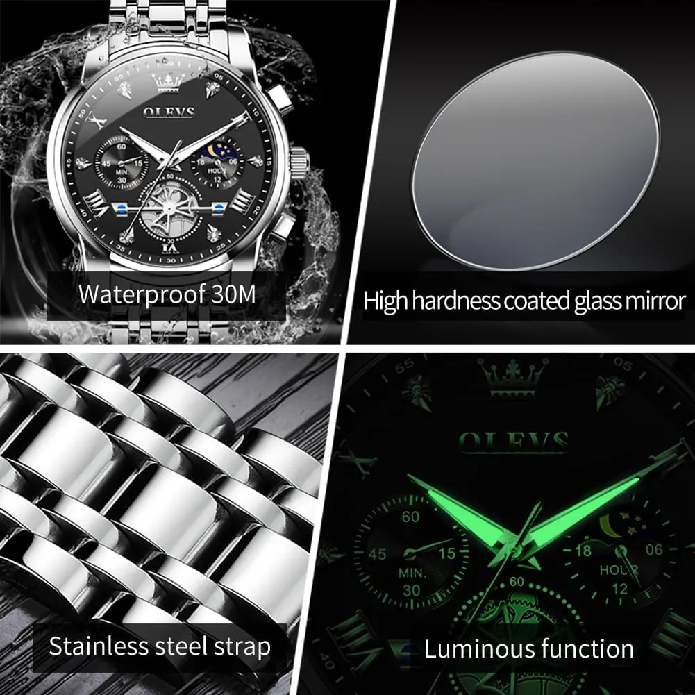 Dress Wrist Watches OLEVS Watch for origin Men Stainless Steel Chronograph Big Face Easy to Read Analog Quartz Watches Luxury Waterproof Date Diamond Roman Arabic Numerals Dial 