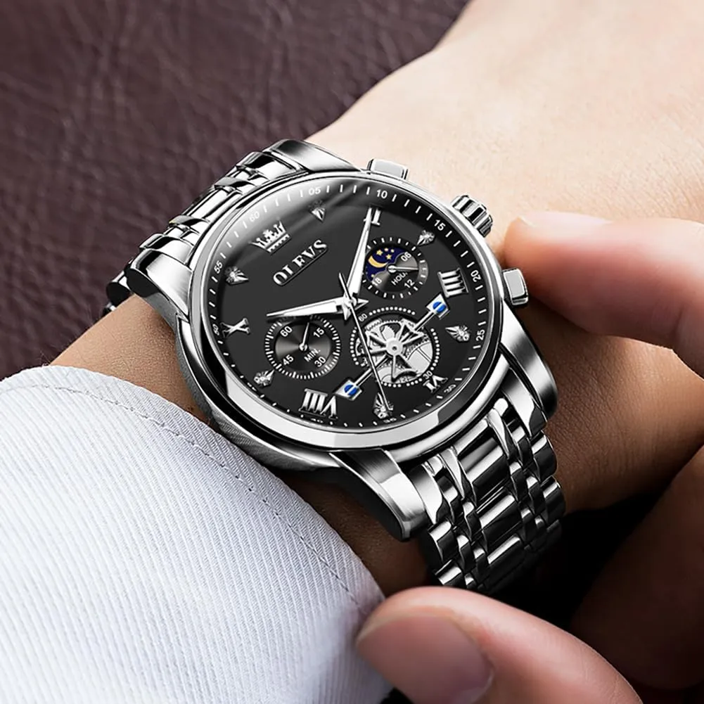 Dress Wrist Watches OLEVS Watch for origin Men Stainless Steel Chronograph Big Face Easy to Read Analog Quartz Watches Luxury Waterproof Date Diamond Roman Arabic Numerals Dial 