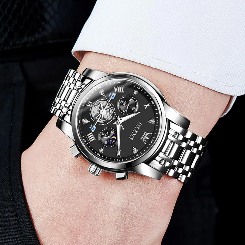 Dress Wrist Watches OLEVS Watch for origin Men Stainless Steel Chronograph Big Face Easy to Read Analog Quartz Watches Luxury Waterproof Date Diamond Roman Arabic Numerals Dial 