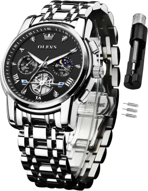 Dress Wrist Watches OLEVS Watch for origin Men Stainless Steel Chronograph Big Face Easy to Read Analog Quartz Watches Luxury Waterproof Date Diamond Roman Arabic Numerals Dial 