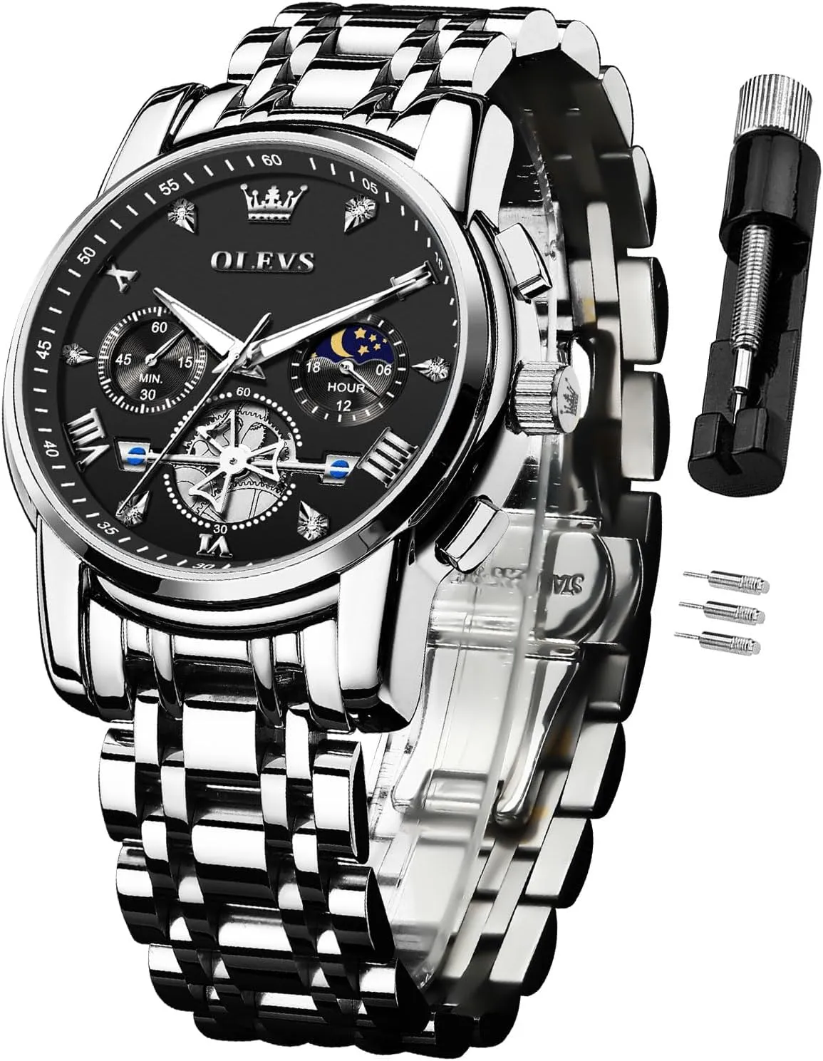 Dress Wrist Watches OLEVS Watch for origin Men Stainless Steel Chronograph Big Face Easy to Read Analog Quartz Watches Luxury Waterproof Date Diamond Roman Arabic Numerals Dial 
