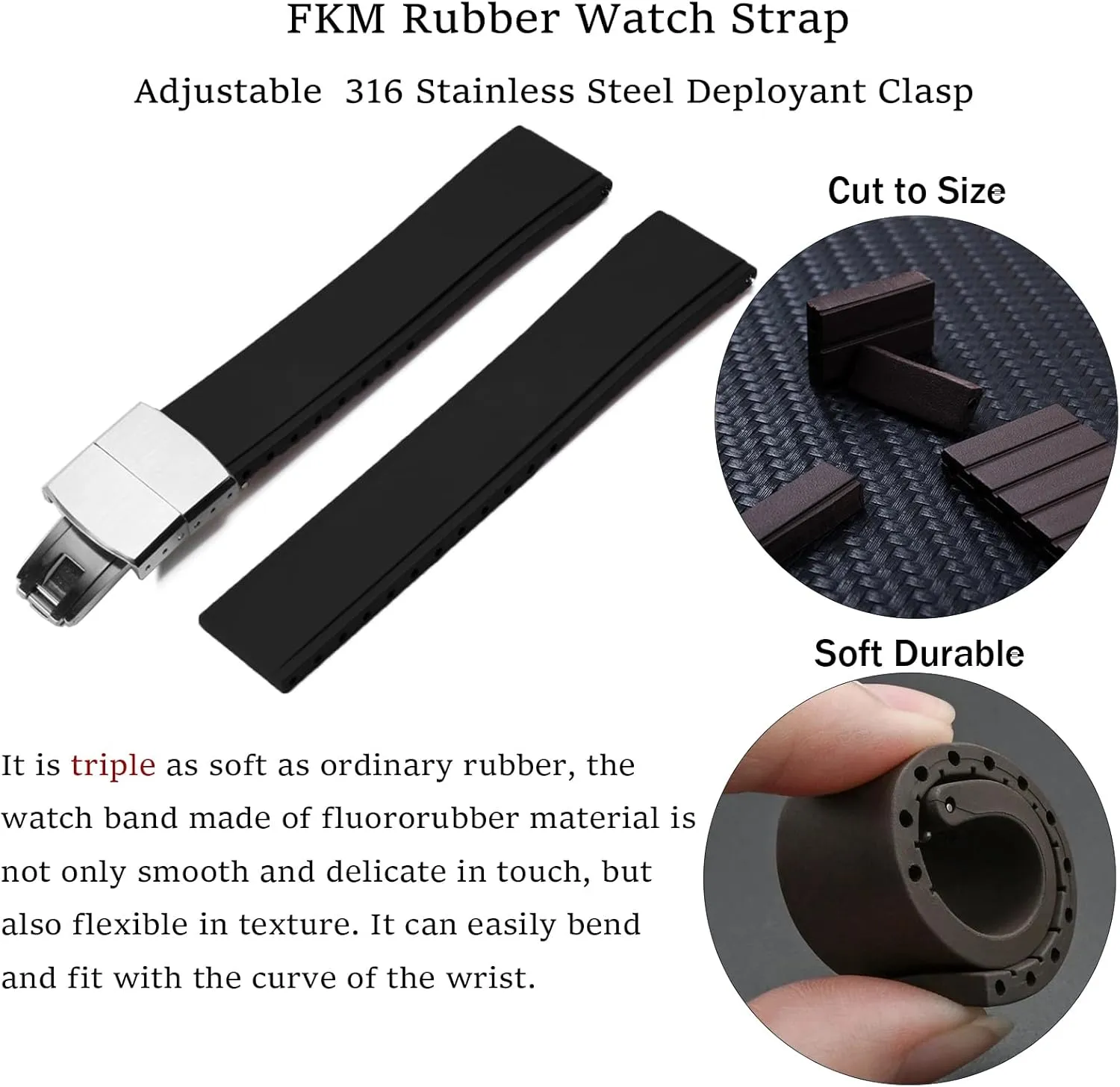 Durable FKM Rubber Watch Strap Universal Replacement Band Strap for Men Women FKM Rubber Watch Bands Deployment Clasp Adjustable CTS drive Fluororubber 19mm 20mm 21mm 22mm Quick Release Soft 