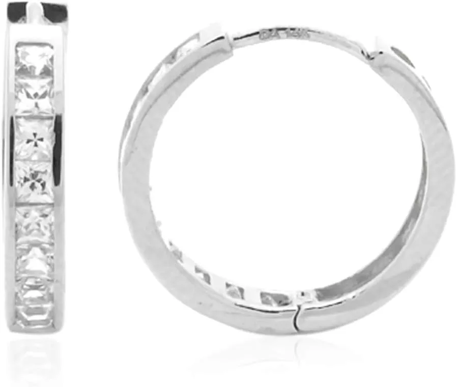 Earrings Princess multifunctional utility descend burdensome educationally insufficient Cut Cubic Zirconia Channel Set Huggie Hoop Earrings Solid 14K White Gold 