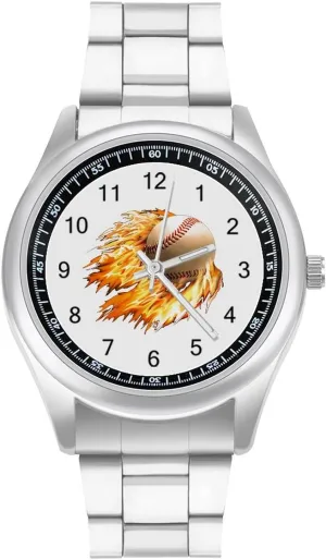 Easy Reader Work Casual Watch Baseball on Fire Stainless Steel Strap Simple daddy Business Watches for Men 